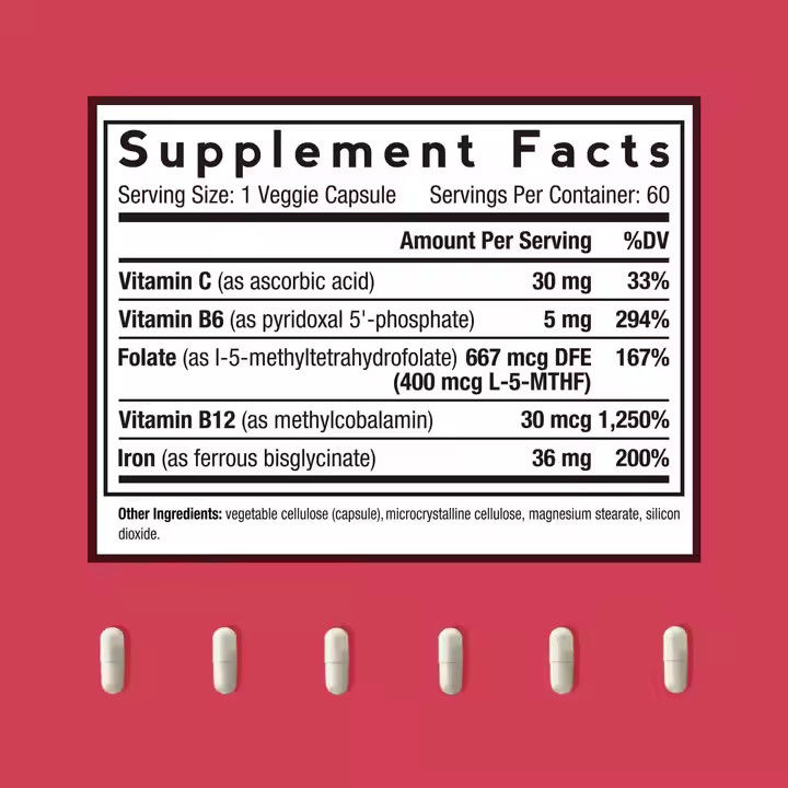 IJzer capsules met vitaminen Supplementen ondersteunen rode bloedcellen Vorming 60 capsules