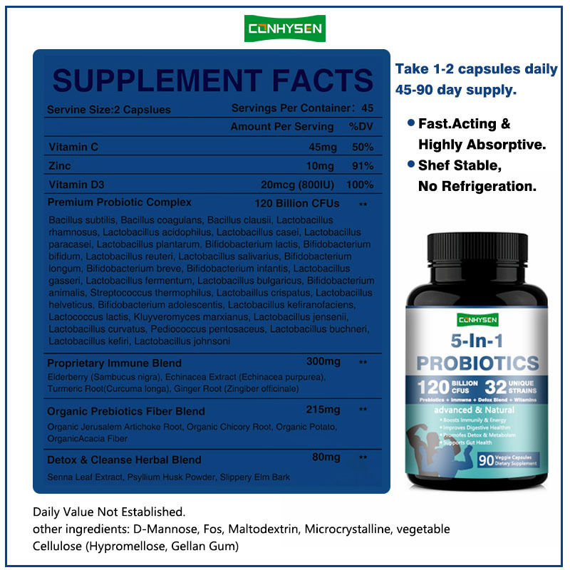 Fabrieksaanbod 5-in-1 prebiotische capsules verbeteren spijsvertering gezondheid Premium probiotica complex