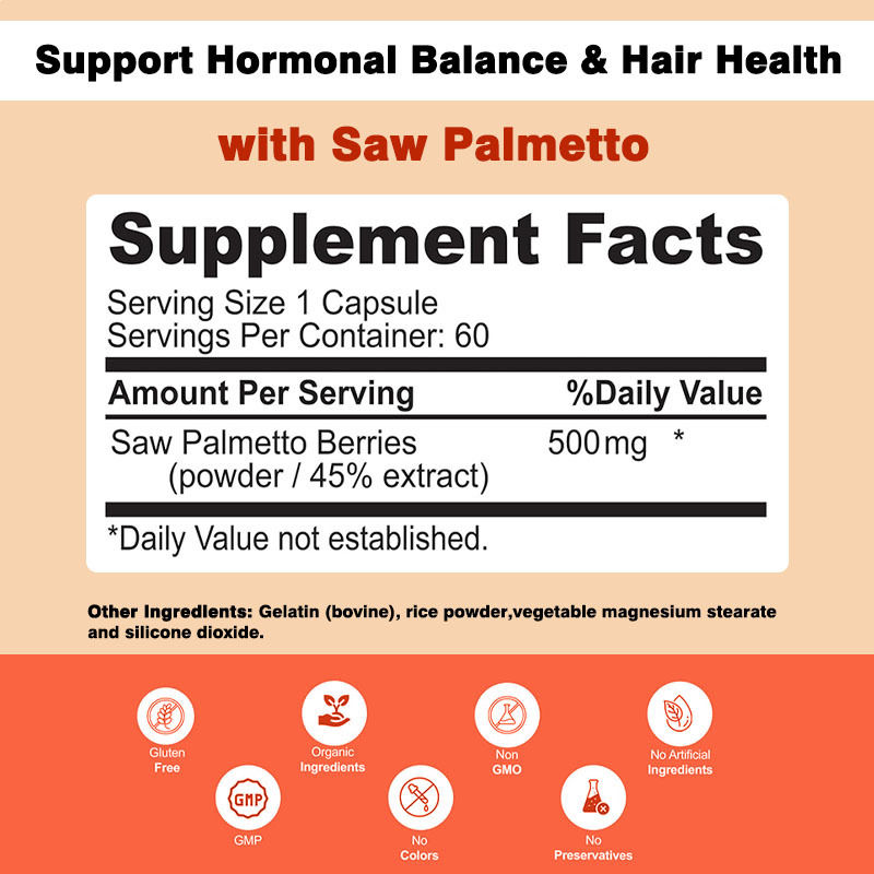 Non-GMO Zaagpalm Capsules 500mg Complex Ondersteuning Hormonale Balans Haar Gezondheid