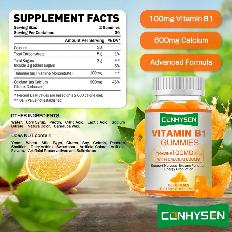 Privé label Vitamine B1 Gummies Verhoogt energie Bevordert hartgezondheid Onderhoud Algemene gezondheid Natuurlijke voorraad