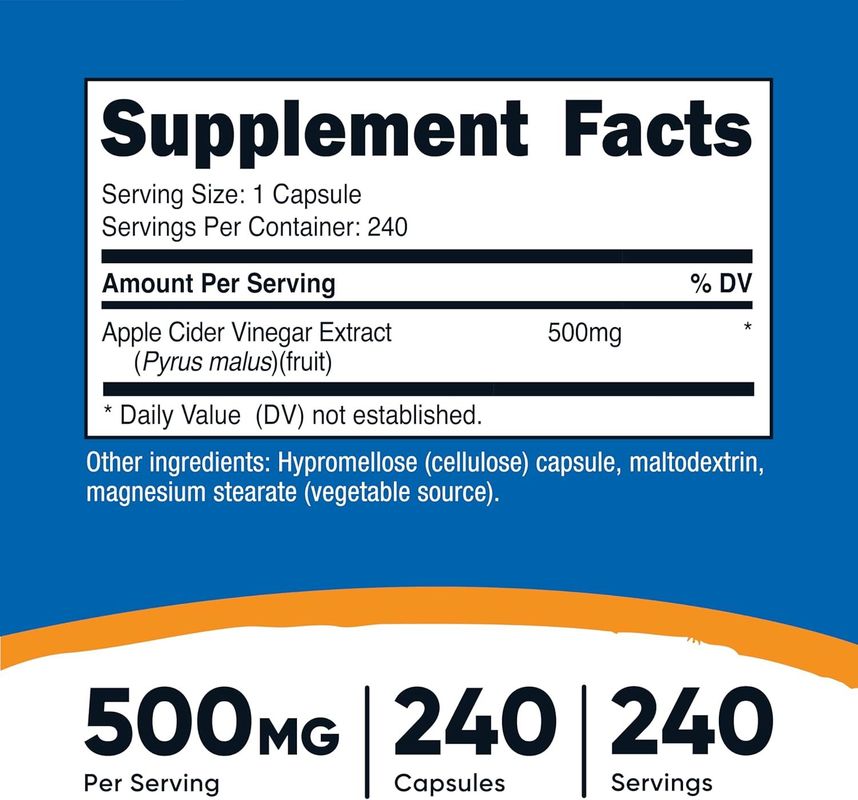 OEM Voedingssupplement Appelciderazijn Capsules 500mg 240 Vegetarische Capsules Natuurlijk Vegetarisch GMP Niet-GMO Glutenvrij