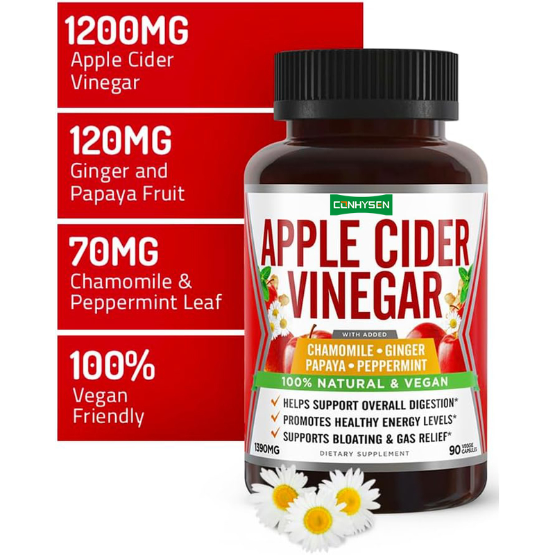 Appelciderazijn spijsverteringsondersteunende capsules met gember, papaya, kamille, pepermunt, natuurlijke verlichting van een opgeblazen gevoel, energieboost