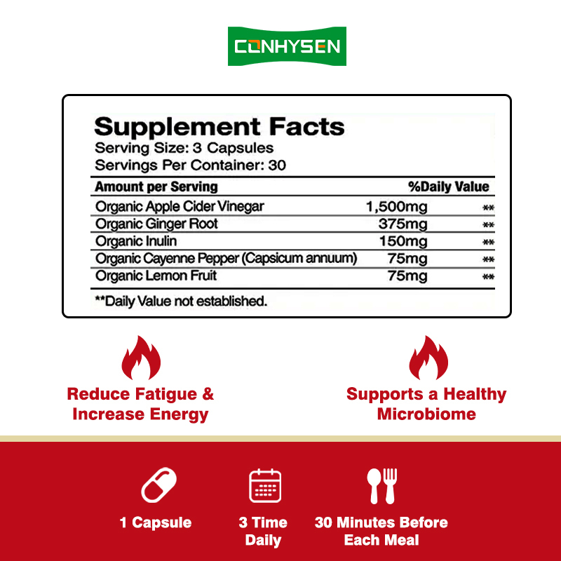 Groothandel Custom 8 Prebiotica Supplement Biologische Appelazijn Capsules met Gember Citroen