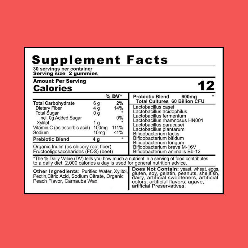 OEM/ODM 4g Prebiotica Probiotica Gummies 60 miljard CFU Immuniteitsversterker Darmgezondheid Verbeter met antioxidant eigenschappen Volwassenen