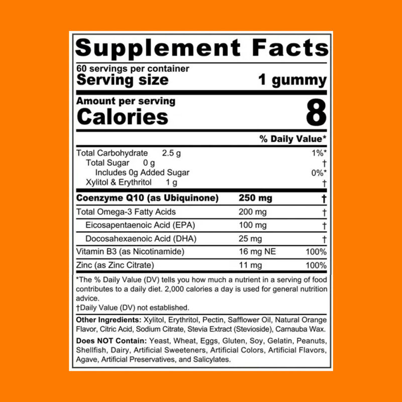 Vigo-COQ10-250mg Gevulde Gummies met Plus Omega-3 Vitamine B3 & Zink Co-enzym Q10 Supplementen voor Hartgezondheid en Celenergie