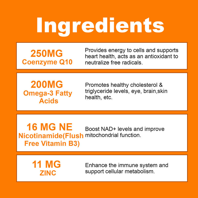 Vigo-COQ10-250mg Gevulde Gummies met Plus Omega-3 Vitamine B3 & Zink Co-enzym Q10 Supplementen voor Hartgezondheid en Celenergie