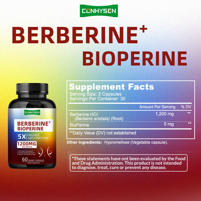 Hoogwaardige Berberine HCI Wortel Supplementen Capsules, Gezond Gewichtsbeheer Berberine Bioperine Capsules Voedingsvezels
