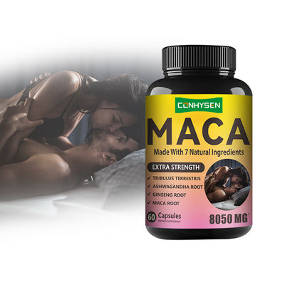 Maca wortel poeder capsules met ashwagandha voor stress verlichten energie stemming